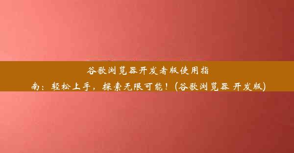 谷歌浏览器开发者版使用指南：轻松上手，探索无限可能！(谷歌浏览器 开发版)